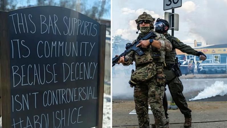 A sign outside the Lone Wolf bar restaurant in Kingston, New York. Federal agents in Chicago on 4 October 2025. Composite: Anton Kinloch, Chicago Tribune via Getty Images