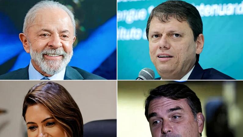 Lula e os bolsonaristas Tarcísio, Michelle e Flávio – Fotos: Ricardo Stuckert / PR; Pablo Jacob /Governo do Estado de SP; Beto Barata/ PL; e Edilson Rodrigues/Agência Senado