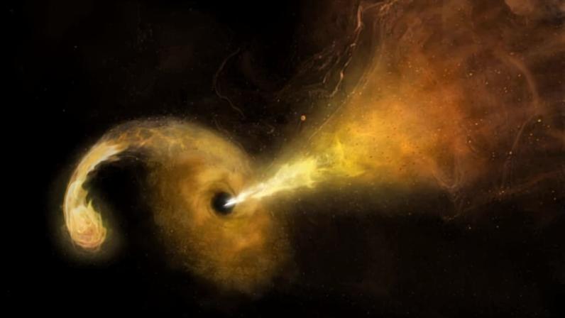 Concepção artística de um evento de ruptura de maré que ocorre quando uma estrela passa fatalmente perto de um buraco negro supermassivo