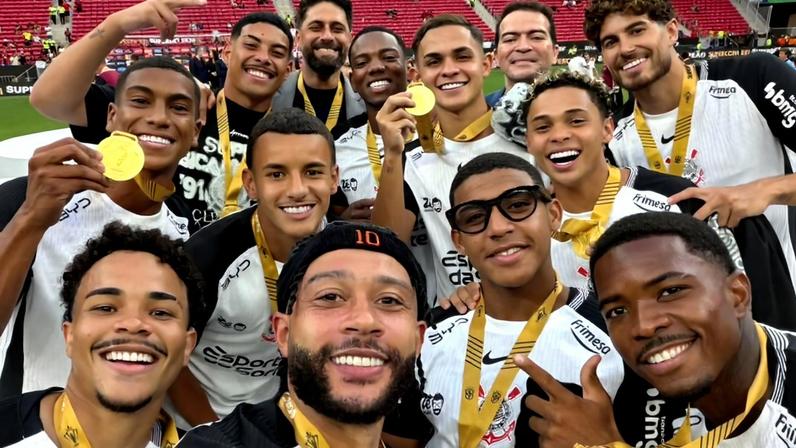 Jogadores do Corinthians comemoram gol contra o Capivariano no Campeonato Paulista.