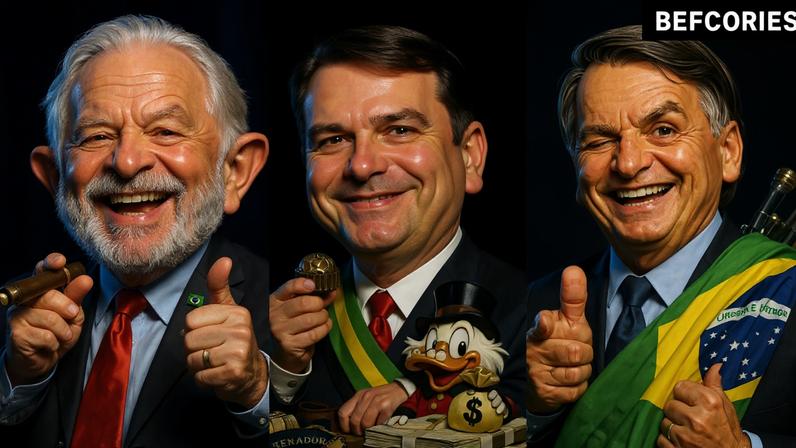 Ferramentas de IA geram caricaturas associando Lula a charuto e dinheiro, Bolsonaro a armas e Flávio a rachadinha