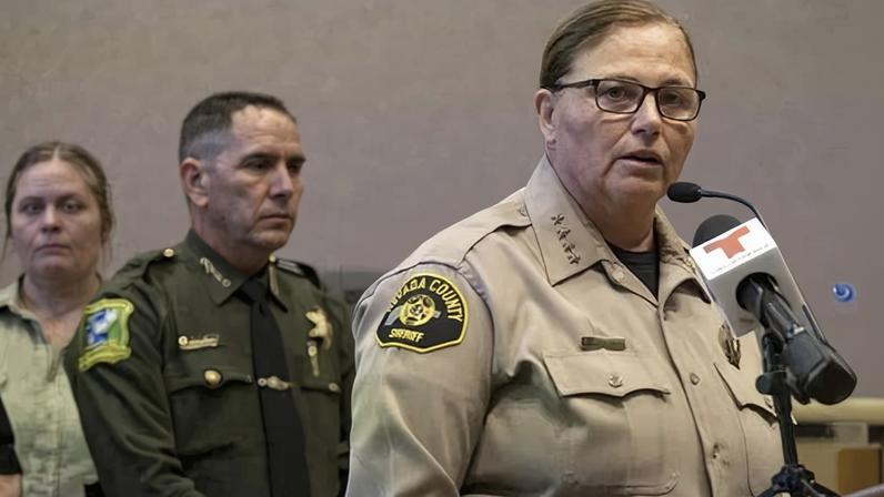 Shannan Moon, the Nevada county sheriff, gives a press conference at the Eric Rood government center in Nevada City on Wednesday regarding the Lake Tahoe avalanche.