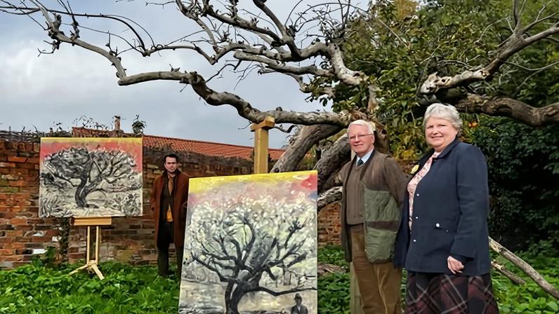 Roger Merryweather and Celia Steven, great grandchildren of Henry Merryweather (right), with Dan Llywelyn Hall and some of his artworks, at the site.