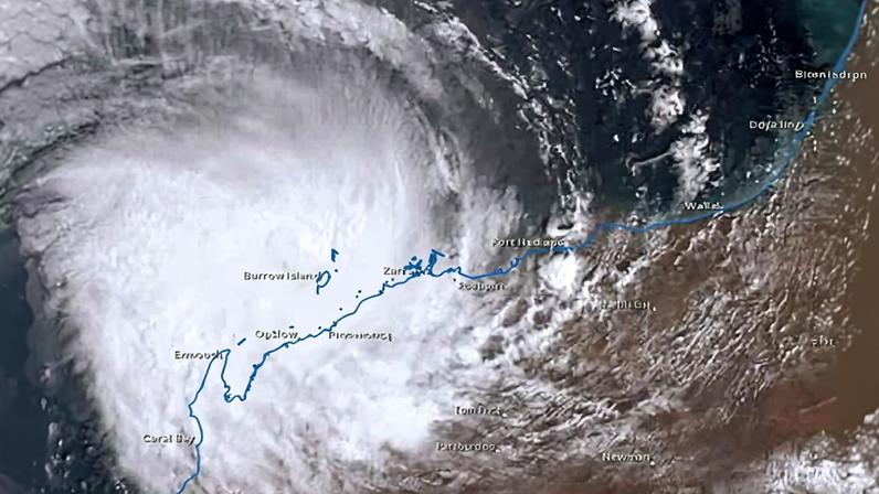 BoM Satellite viewer showing Tropical Cyclone Mitchell as of 9.10am AWST Sunday. The cyclone was expected to make landfall between Exmouth and Onslow late on Sunday evening or early Monday morning.