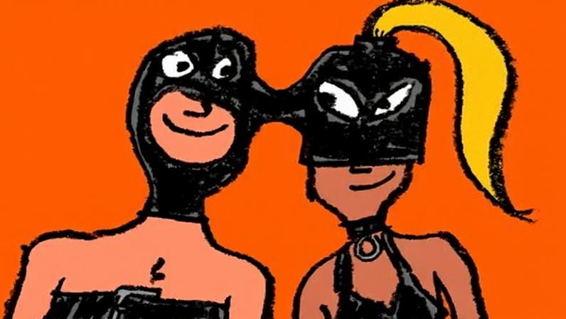 Illustration of a man and woman joined together by a bondage mask