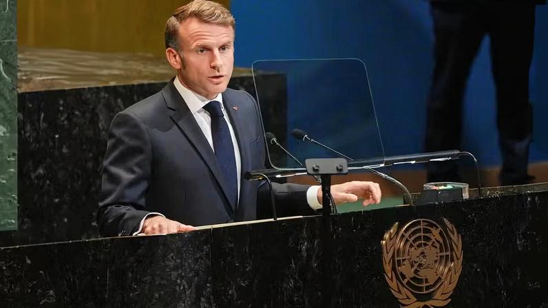 Emmanuel Macron em seu discurso na Assembleia Geral da ONU em 22 de setembro de 2025. — Foto: Reuters/ Eduardo Munoz