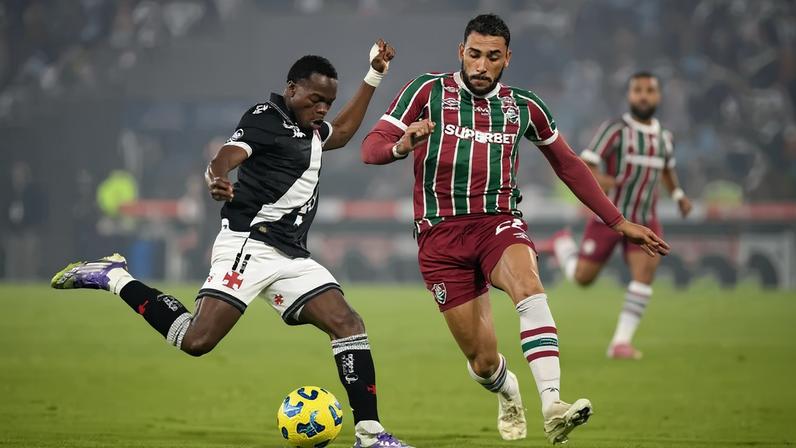 Andres Gomez e Freytes disputam a bola em duelo entre Fluminense e Vasco, pela Copa do Brasil de 2025 (Foto: Alexandre Durão/Zimel Press/Gazeta Press)