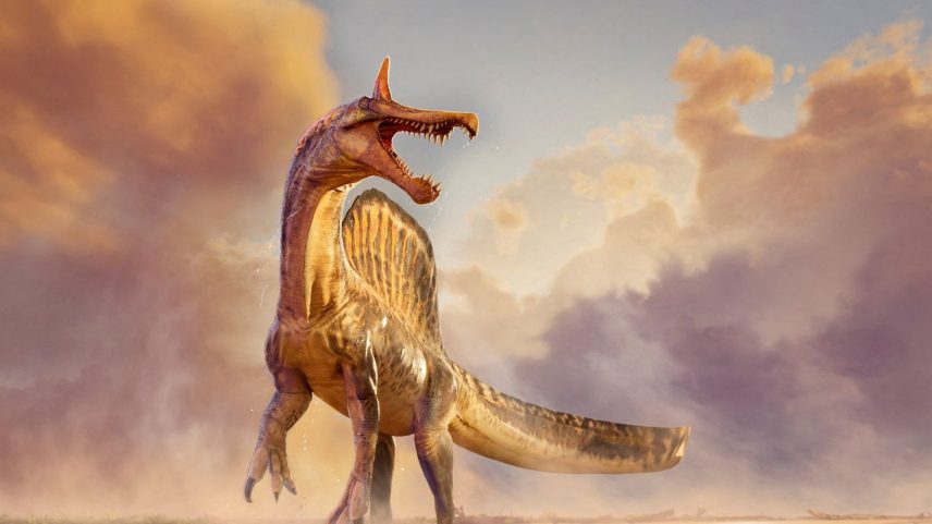 Ilustração mostra um dinossauro Spinosaurus mirabilis em pé na margem da água sobre uma carcaça, há cerca de 95 milhões de anos, no que hoje é o Deserto do Saara, no Níger A ilustração foi divulgada pela Universidade de Chicago em 19 de fevereiro de 2026 Dani Navarro/Divlugação via REUTERS