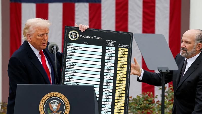 FILE PHOTO: U.S. President Donald Trump holds a chart next to U.S. Secretary of Commerce Howard Lutnick as Trump delivers remarks on tariffs in the Rose Garden at the White House in Washington, D.C., U.S., April 2, 2025. REUTERS/Carlos Barria//File Photo