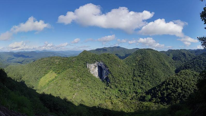 Entrada de caverna de calcário vista de cima, coberta por vegetação densa e úmida de Mata Atlântica