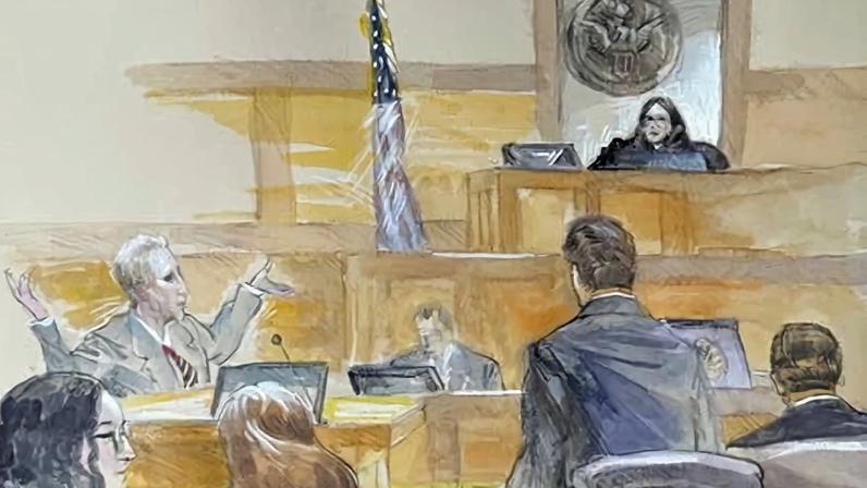 This courtroom sketch shows Ryan Routh, left, throwing his arms up directed at US district judge Aileen Cannon in frustration as jury selection begins in the trial of Routh on 8 September 2025, in Fort Pierce, Florida.