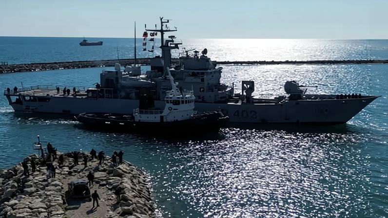 An Italian navy ship carrying people to Albania as part of a 2024 deal between the two countries.