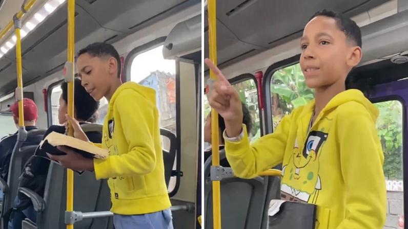 O adolescente Elias Dourado pregando em um ônibus. (Captura de tela/Instagram/eliasdourado_oficial)
