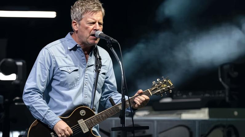 Noel Gallagher wears a Levi’s shirt as Oasis perform in Cardiff in 2025.