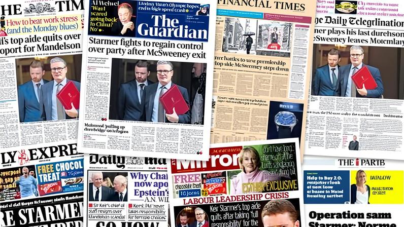 UK press covers the resignation of Morgan McSweeney who has resigned as Keir Starmer’s chief of staff after coming under fire in the scandal linking Lord Peter Mandelson with Jeffrey Epstein. Composite: The Times, The Guardian, Financial Times, The Daily Telegraph, The Daily Express, Daily Mail, Mirror and i Paper