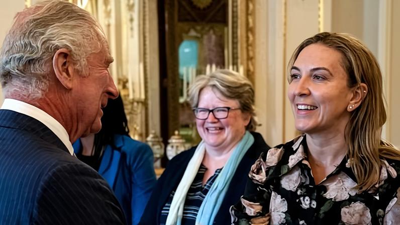 Antonia Romeo, right, meeting King Charles in 2023 at a reception at Buckingham Palace in London.