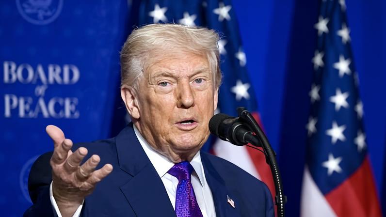 Donald Trump delivers his opening remarks to the inaugural meeting of his Board of Peace in Washington DC.