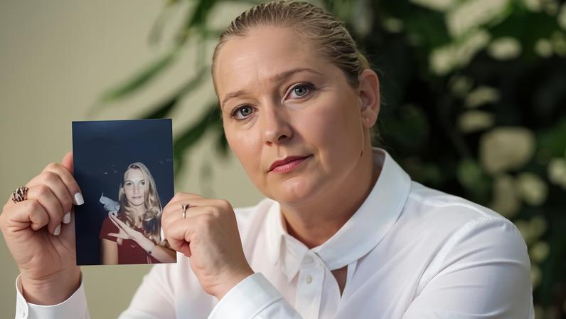 Epstein accuser Virginia Giuffre, with a photo of herself as a teen.