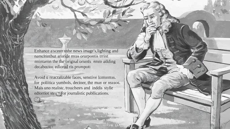 Ilustração do matemático e físico inglês Sir Isaac Newton (1642 - 1727) contempla a força da gravidade, como conta a famosa história, ao ver uma maçã cair em seu pomar, por volta de 1665.