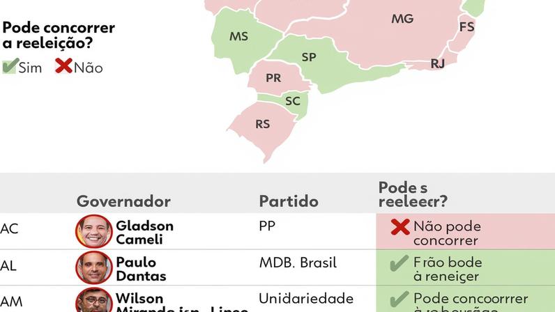 Mapa mostra os estados em que o governador pode ser reeleito em 2026 e onde haverá necessariamente um novo eleito.