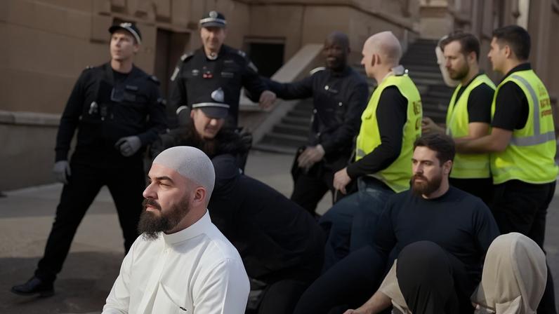 Police disperse praying Muslims during protests in Sydney against Israel’s president Isaac Herzog.