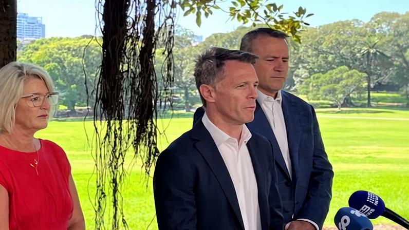 The NSW premier, Chris Minns (centre), speaks alongside the police minister, Yasmin Catley, and the multiculturalism minister, Steve Kamper. The state has invoked extra police powers in anticipation of next week’s visit by the Israeli president, Isaac Herzog.