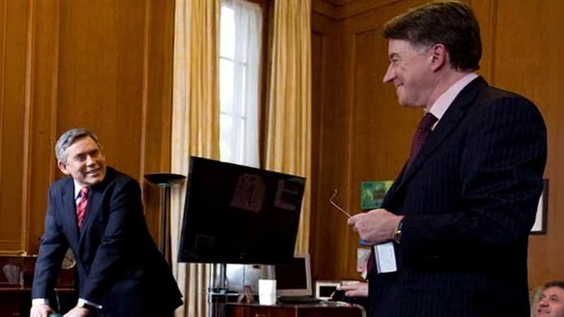 Gordon Brown (left) on 11 May 2010, shortly before resigning as prime minister. Peter Mandelson (right) is believed to have tipped off Jeffrey Epstein.