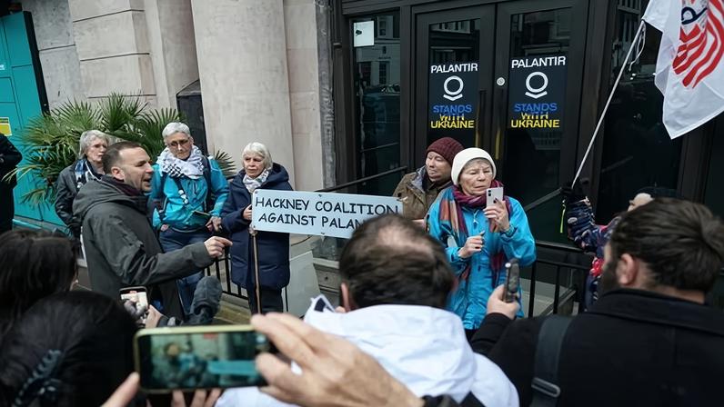 Green party leader, Zack Polanski, joins campaigners delivering a ‘termination of contract’ as part of a protest at the Palantir UK headquarters in London.