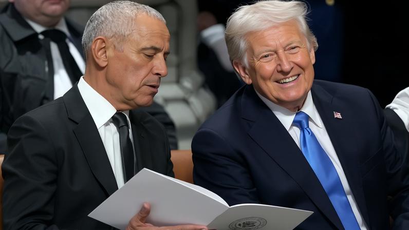 Former president Barack Obama and Donald Trump in January last year at the state funeral for former president Jimmy Carter.
