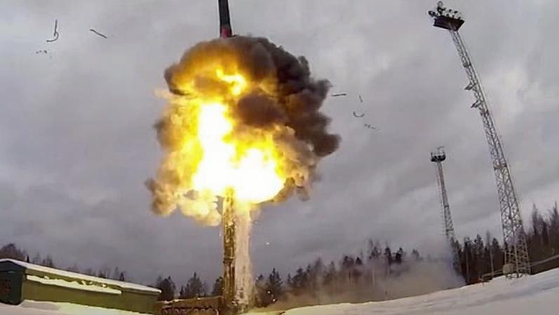 A Russian Yars intercontinental ballistic missile takes off from an airfield during military drills in 2022.