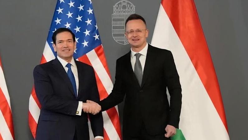 US secretary of state Marco Rubio shakes hands with Hungary's foreign minister Peter Szijjarto in Budapest this morning.