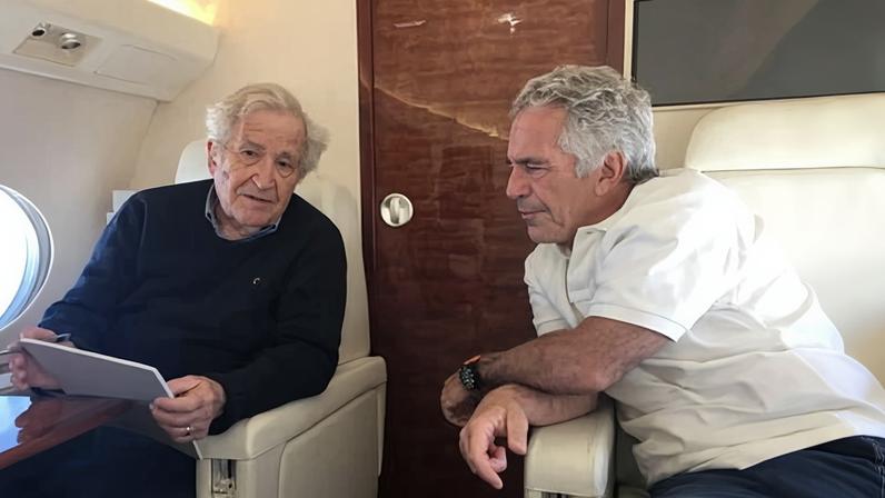 Undated photo of Jeffrey Epstein, right, speaking to academic and linguist Noam Chomsky, released by the House oversight committee.