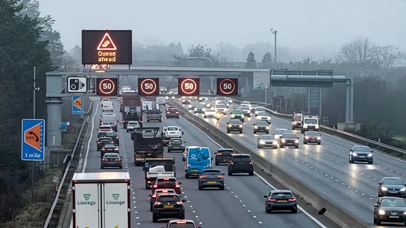 Speed restrictions in place on the M4 smart motorway at Taplow in Buckinghamshire.
