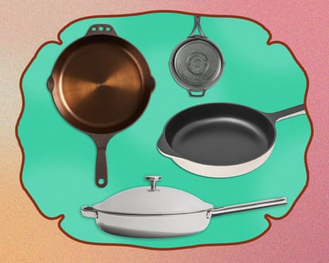 collage of different cooking pans against teal background
