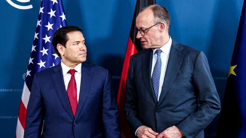 13 February 2026, Bavaria, Munich: German Chancellor Friedrich Merz (R) welcomes US Secretary of State Marco Rubio at the Bayerischer Hof for the 62nd Munich Security Conference, which will host over 60 heads of state and government-the highest number ever at the world's leading security policy meeting. Photo: Liesa Johannssen/Reuters/Pool/dpa