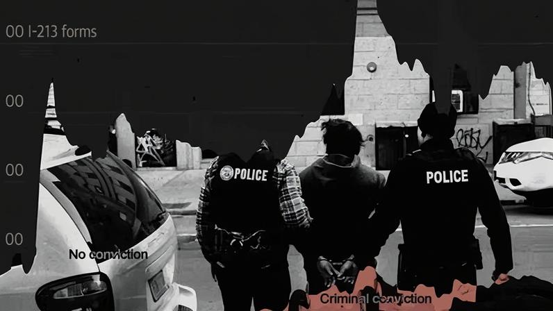 Black-and-white illustration with pink-orange tones, of two officers leading a man with his hands handcuffed behind him.