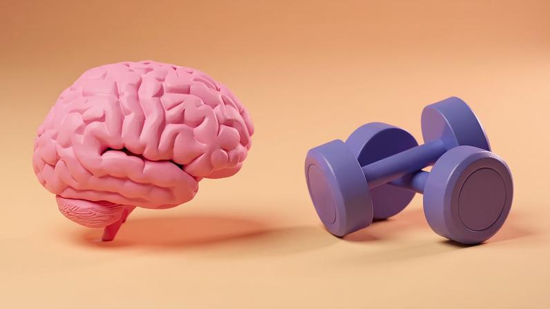 Ilustração 3D de um cérebro e um par de halteres.
