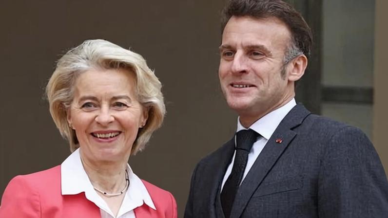 Ursula von der Leyen sounds a cautious note about Buy European while French president Emmanuel Macron describes European preference as ‘a defensive measure’. Photograph: Abdul Saboor/Reuters