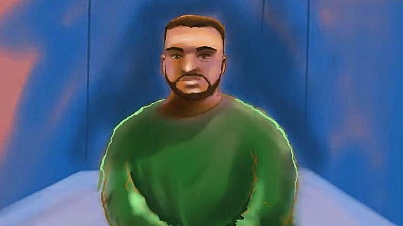 A court sketch depicts Bondi beach shooting accused Naveed Akram appearing in a Sydney court via video link on Monday.