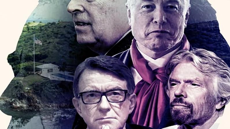 A silhouette image of Jeffrey Epstein's head with photos within it of Andrew Mountbatten-Windsor, Elon Musk, Richard Branson, Peter Mandelson, Noam Chomsky, Bill Gates, Woody Allen