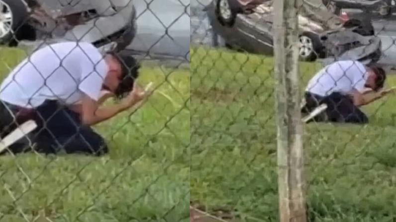 Luiz Gustavo Louzada, de 14 anos, se ajoelhou e orou pela mãe. (Foto: Reprodução/Instagram/Diário do Rodrigo Lima).