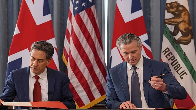 Gavin Newsom, right, the governor of California, signed a clean energy agreement in London on Monday with the UK’s energy secretary, Ed Miliband.