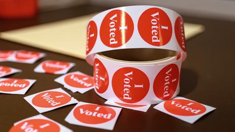 "I Voted" stickers sit on a table at Nokomis Community Center, a polling place in Minneapolis