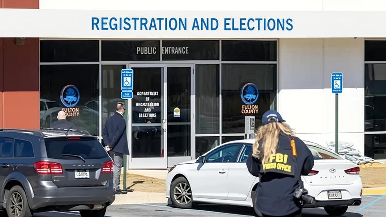 An FBI press office person approaches the Fulton county election hub and operation center on 28 January 2026, in Union City, Georgia
