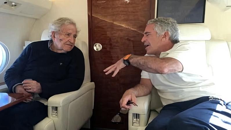 Undated photo of Jeffrey Epstein (R) speaking to academic and linguist Noam Chomsky.
