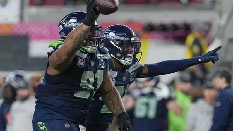 Byron Murphy II celebrates a fumble recovery as the Seahawks make their way to victory in Super Bowl LX.