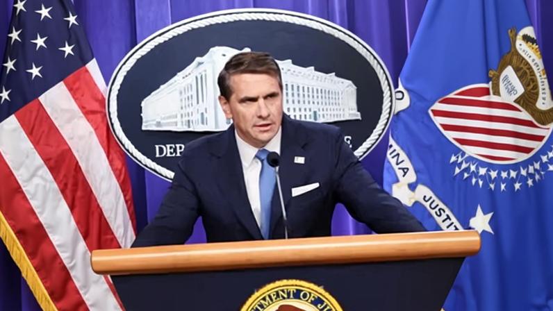 Todd Blanche, the US deputy attorney general, speaks during a press conference at the US Department of Justice on 30 January 2026 in Washington DC.