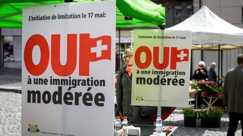 Electoral posters in 2020 by populist right-wing Swiss People's Party (SVP) calling to revise the Swiss constitution to ensure it can autonomously handle its immigration policy, the so-called "limitation initiative"