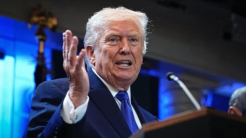 Donald Trump answers questions during a press briefing held at the White House on 20 February 2026 in Washington DC.