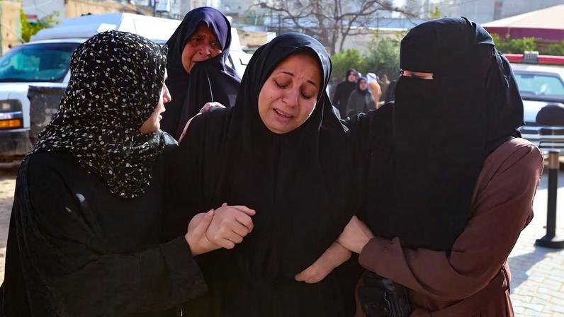 Funeral of Palestinians killed in an overnight Israeli strike, according to medics, at Nasser Hospital in Khan Younis